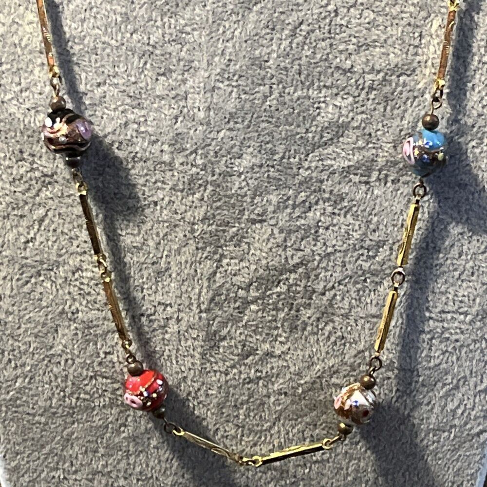 VIT Murano Venetian Wedding Cake Glass Bead Necklace Textured Gold Tone Links - Picture 3 of 12